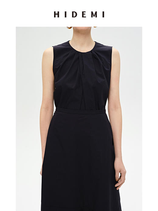 HIDEMI 褶皱设计感圆领棉质背心 藏蓝色/白色 商品图8