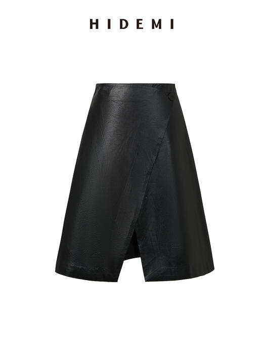 HIDEMI 褶皱做旧感环保皮黑色一粒扣不对称半身裙 商品图0