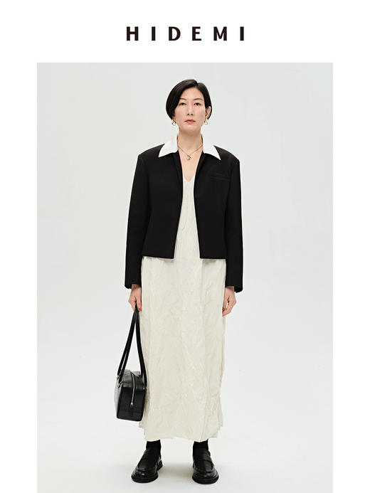 HIDEMI 简约一粒扣翻领式短款夹克西服外套 白色/黑色（小白领） 商品图4