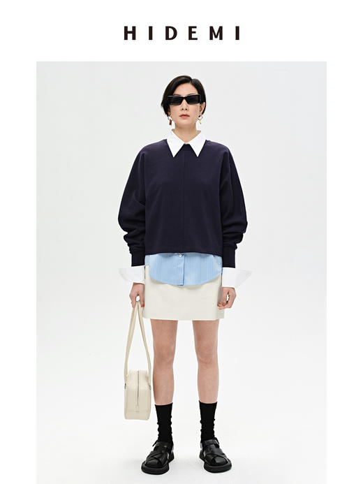 HIDEMI 立领廓形袖短款卫衣 藏蓝色/白色 商品图6