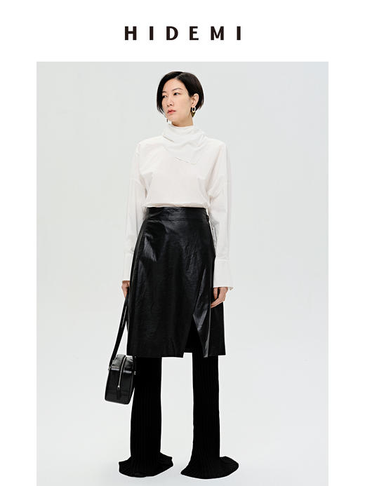 HIDEMI 褶皱做旧感环保皮黑色一粒扣不对称半身裙 商品图8