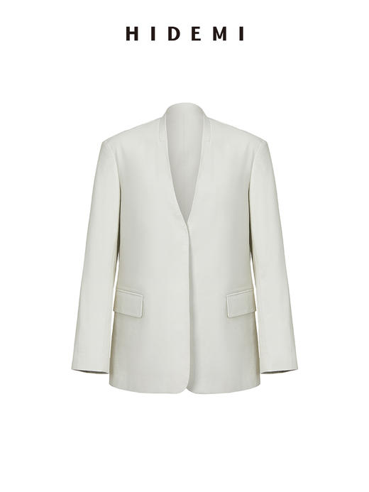 HIDEMI 水泥灰白褶皱做旧感环保皮V领西装皮衣皮裤套装 商品图13