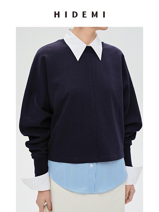 HIDEMI 立领廓形袖短款卫衣 藏蓝色/白色 商品图9