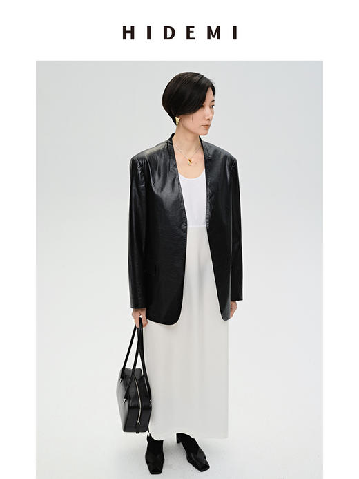HIDEMI 黑色褶皱做旧感环保皮V领西装 商品图11