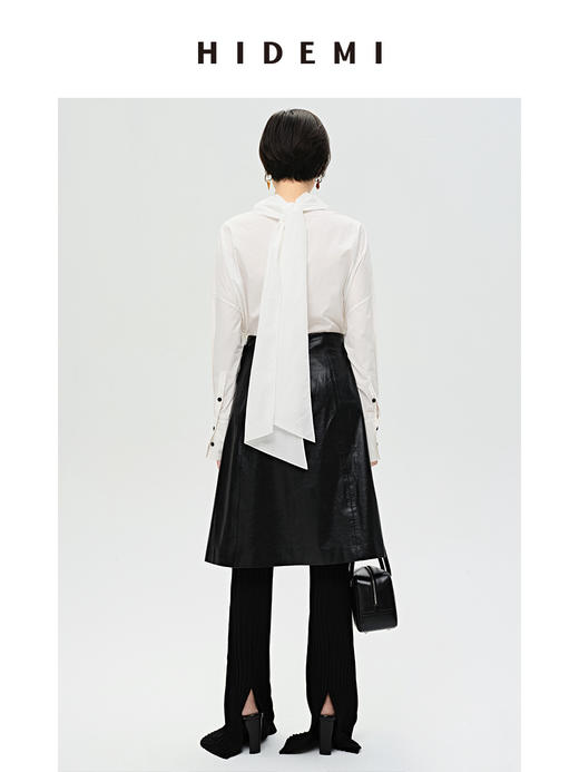 HIDEMI 褶皱做旧感环保皮黑色一粒扣不对称半身裙 商品图10