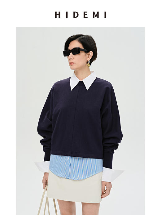 HIDEMI 立领廓形袖短款卫衣 藏蓝色/白色 商品图8
