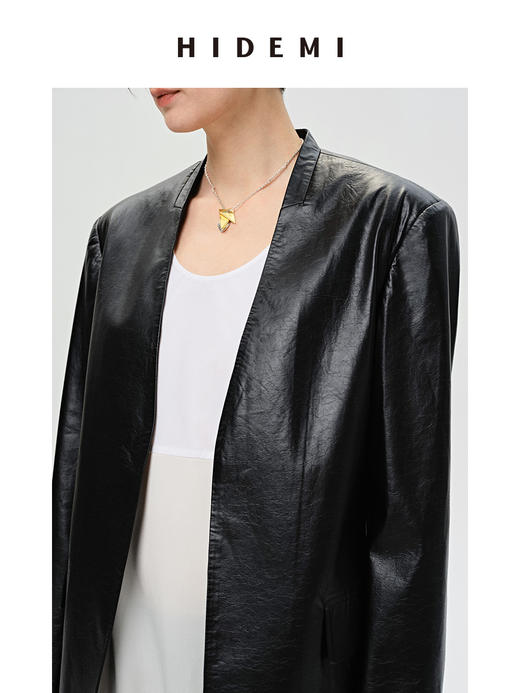 HIDEMI 黑色褶皱做旧感环保皮V领西装 商品图12