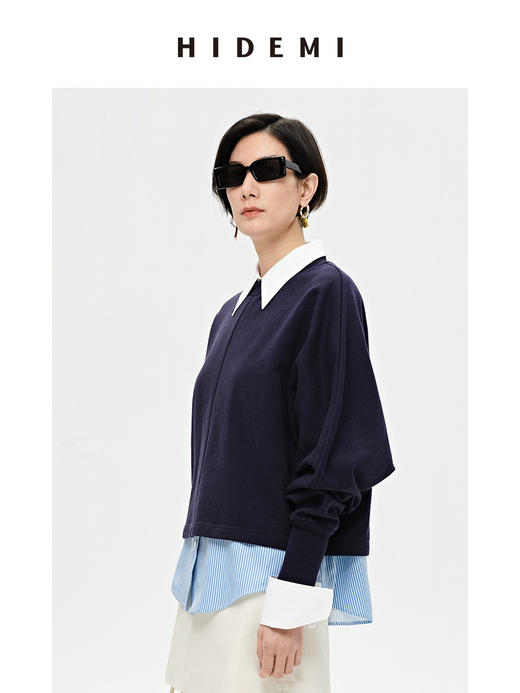 HIDEMI 立领廓形袖短款卫衣 藏蓝色/白色 商品图7