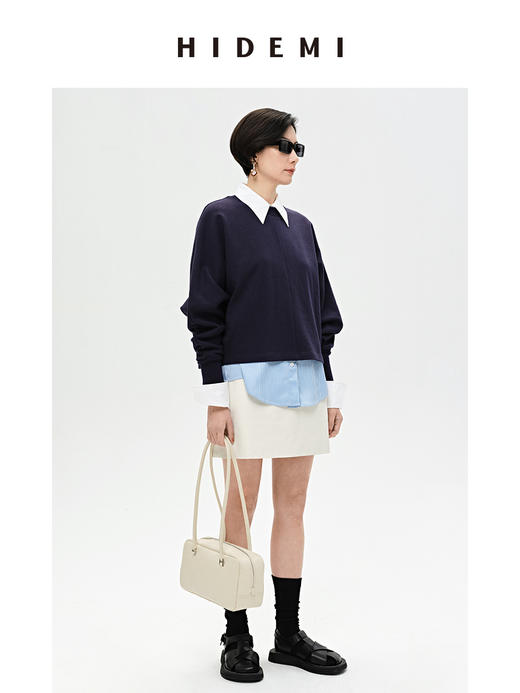 HIDEMI 立领廓形袖短款卫衣 藏蓝色/白色 商品图5