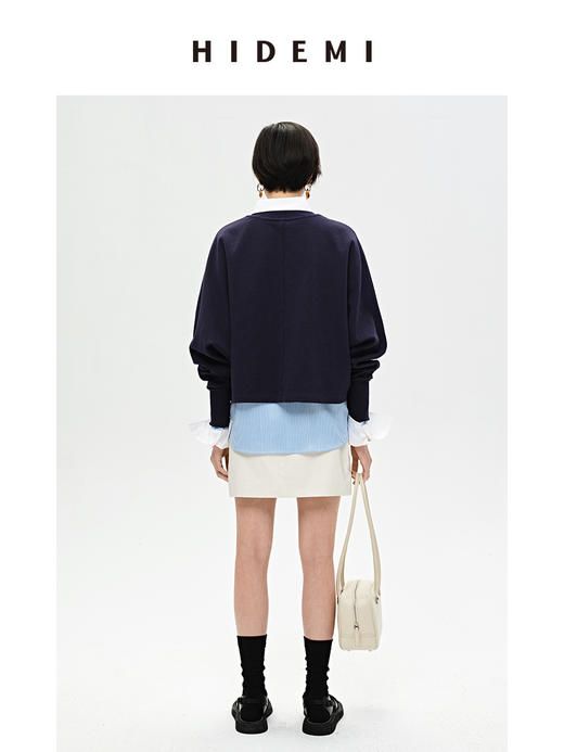 HIDEMI 立领廓形袖短款卫衣 藏蓝色/白色 商品图11