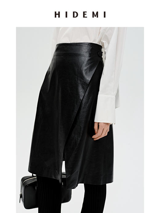 HIDEMI 褶皱做旧感环保皮黑色一粒扣不对称半身裙 商品图6