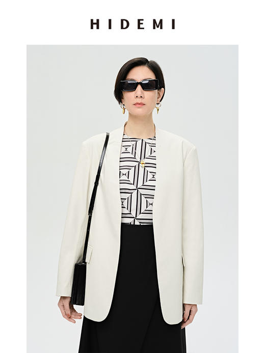 HIDEMI 水泥灰白褶皱做旧感环保皮V领西装皮衣皮裤套装 商品图11