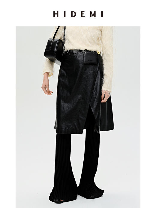 HIDEMI 褶皱做旧感环保皮黑色一粒扣不对称半身裙 商品图9