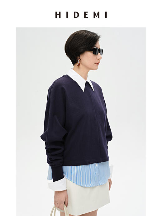 HIDEMI 立领廓形袖短款卫衣 藏蓝色/白色 商品图10