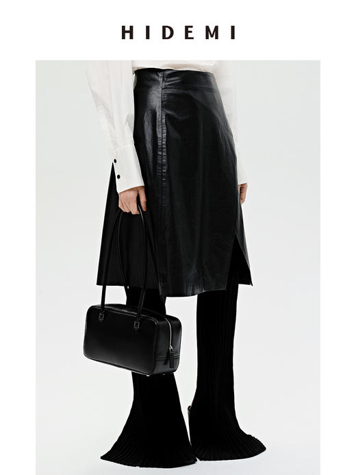 HIDEMI 褶皱做旧感环保皮黑色一粒扣不对称半身裙 商品图7