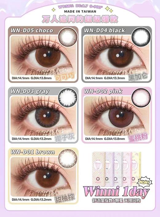 winni 日抛,78/盒，146/两盒,288/四盒,428/六盒,550/八盒，999/十六盒（一盒10片装相同度数款式，左右眼度数不同至少需要拍两盒），如需佩戴工具请备注哦！ 商品图3