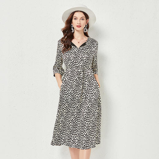 丁摩 夏季撞色时尚真丝连衣裙短袖印花桑蚕丝裙子Q121164 商品图0