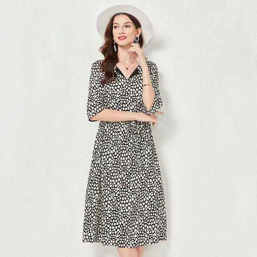 丁摩 夏季撞色时尚真丝连衣裙短袖印花桑蚕丝裙子Q121164 商品图3