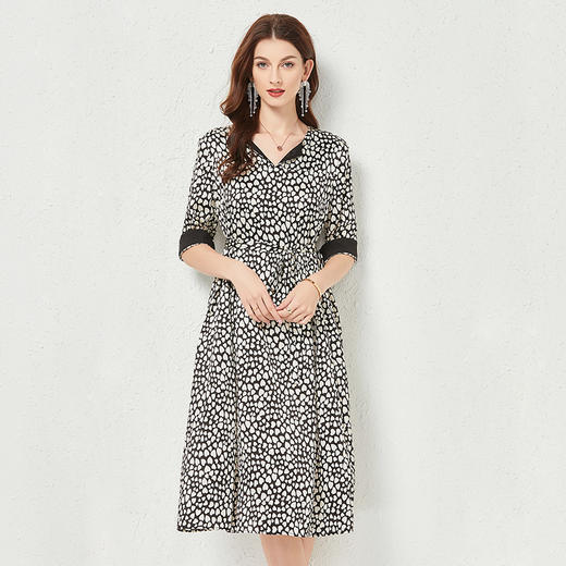 丁摩 夏季撞色时尚真丝连衣裙短袖印花桑蚕丝裙子Q121164 商品图1