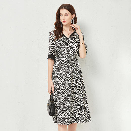 丁摩 夏季撞色时尚真丝连衣裙短袖印花桑蚕丝裙子Q121164 商品图2