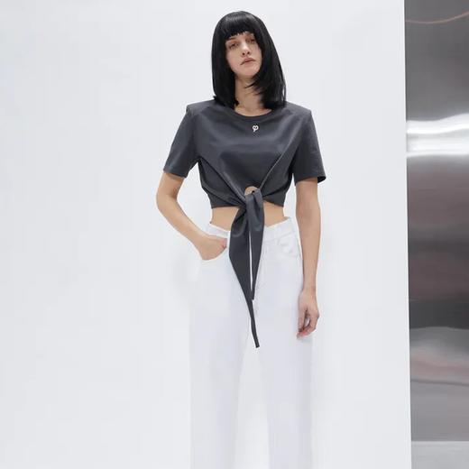 垫肩款腰部系带T恤 商品图0