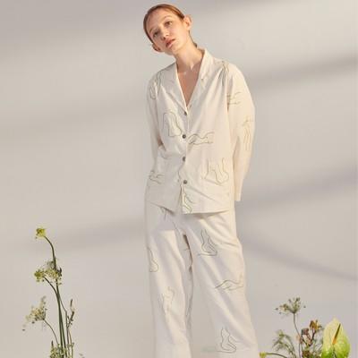 【棉麻印象】CremeSu法式内衣春夏C系列舒适棉麻抽象印花女家居服白色套装睡衣 商品图1