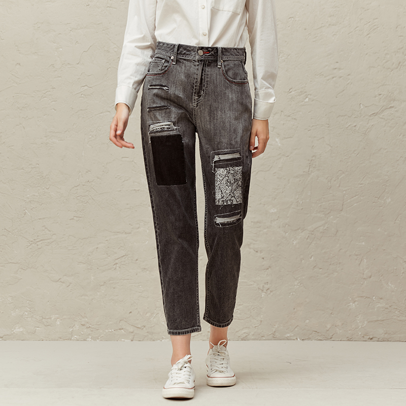 famecoco范可儿街头破洞牛仔裤早春新款收腹直筒裤女款F221GA007