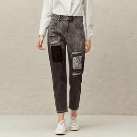 famecoco范可儿街头破洞牛仔裤早春新款收腹直筒裤女款F221GA007