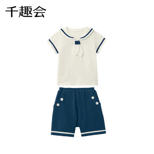 千趣会春夏婴幼儿衣服短袖T恤短裤海军风纯棉男宝宝外出套装 商品图3