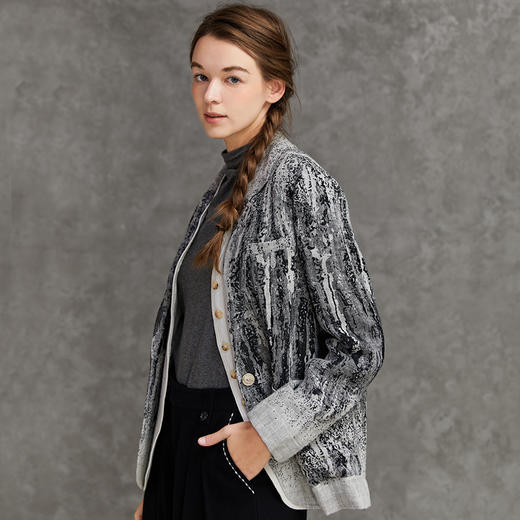 Famecoco范可儿黑白职业西装女复古棉麻假两件西服F221AW005 商品图3