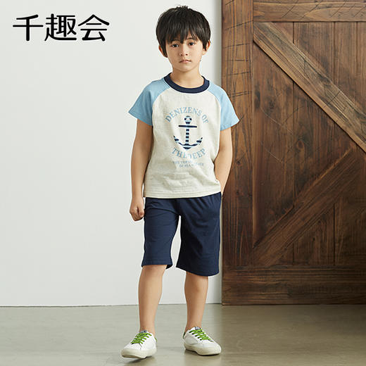 千趣会春夏季童装空调服外出服薄款圆领纯棉男童短袖短裤套装 商品图1