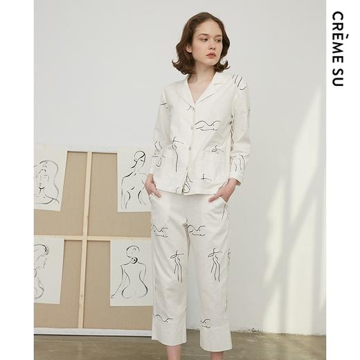 【棉麻印象】CremeSu法式内衣春夏C系列舒适棉麻抽象印花女家居服白色套装睡衣 商品图3