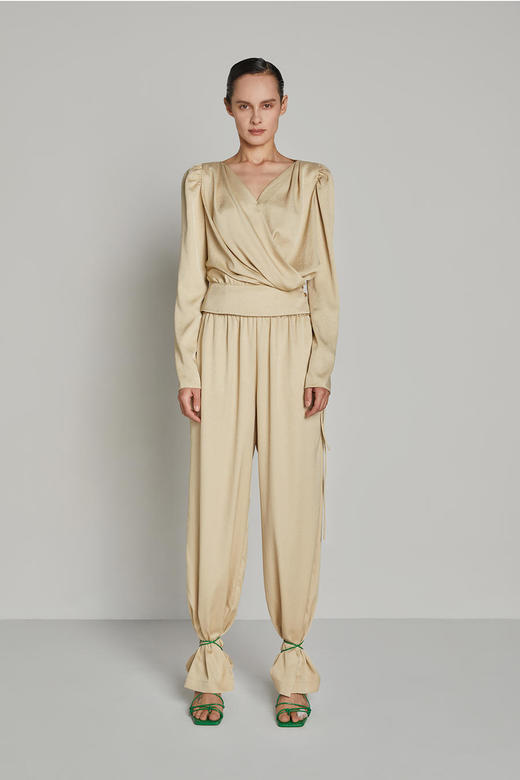 抽绳松紧腰垂褶长裤 商品图1