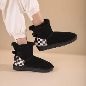 西村名物2021年冬新款时尚棋盘格短靴简约风加绒保暖短靴女T21DS46691