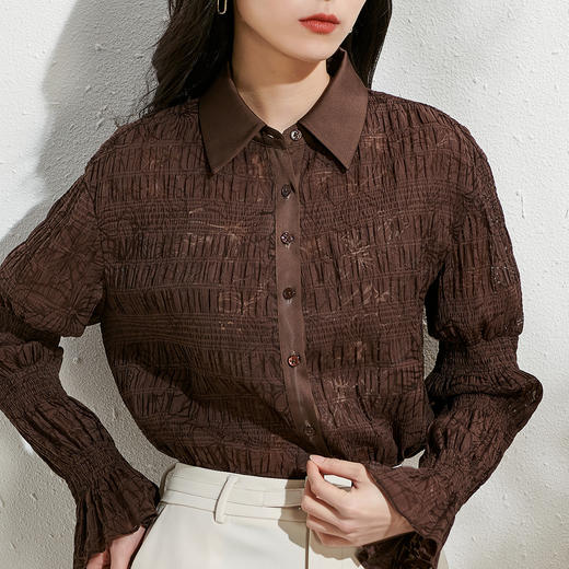 剩S/M/L/XL 芳外微弹轻薄印花2026春季新款长袖喇叭袖女式衬衫 商品图4