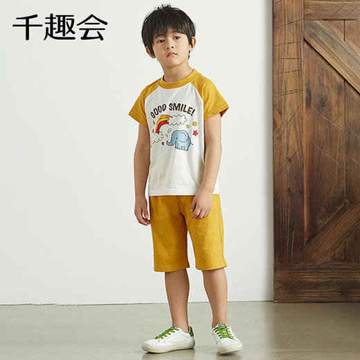 千趣会春夏季童装空调服外出服薄款圆领纯棉男童短袖短裤套装 商品图2