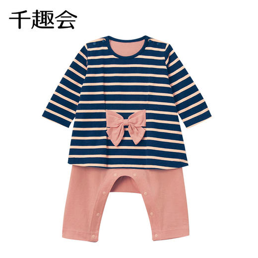 千趣会春秋婴童装纯棉蝴蝶结假两件爬服连衣裙女童宝宝连体衣 商品图1