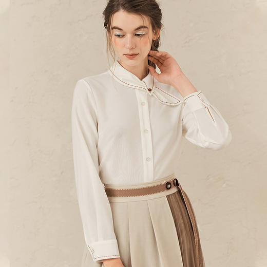 famecoco范可儿法式优雅女士衬衫春季别致尖领衬衣F221BH001 商品图1