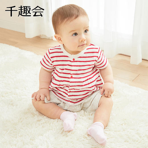 千趣会春夏季婴童附裙哈衣条纹波点纯棉女宝宝短袖连体衣爬服 商品图2