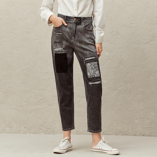 famecoco范可儿街头破洞牛仔裤早春新款收腹直筒裤女款F221GA007 商品图3