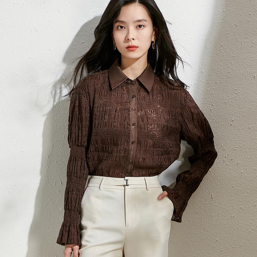 剩S/M/L/XL 芳外微弹轻薄印花2026春季新款长袖喇叭袖女式衬衫 商品图1