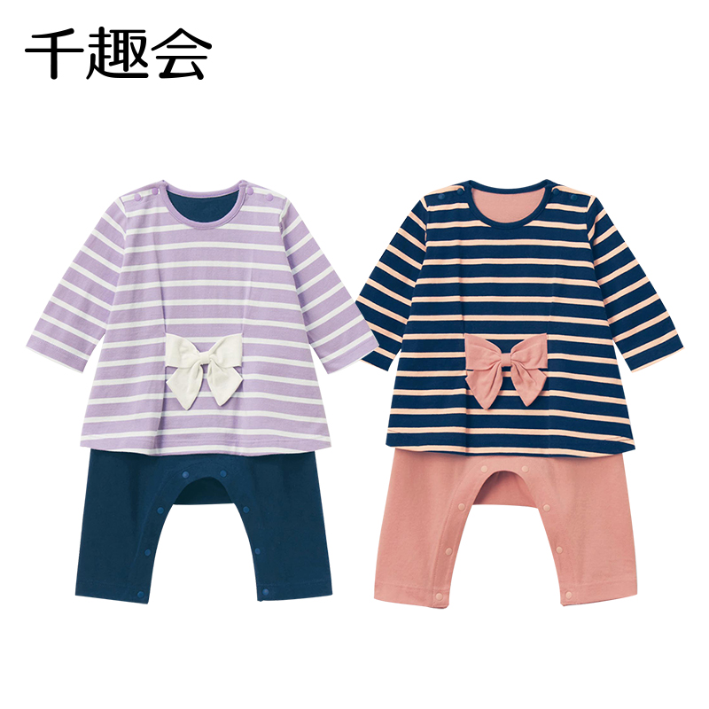 千趣会春秋婴童装纯棉蝴蝶结假两件爬服连衣裙女童宝宝连体衣