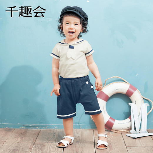 千趣会春夏婴幼儿衣服短袖T恤短裤海军风纯棉男宝宝外出套装 商品图1