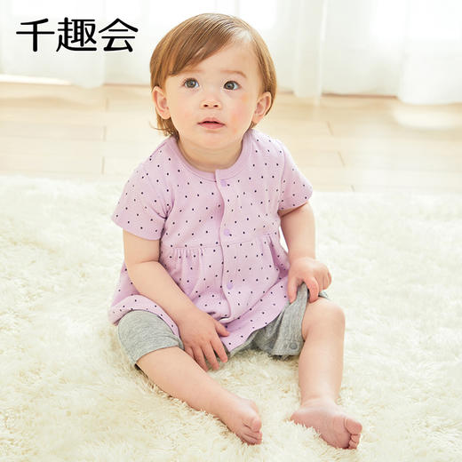 千趣会春夏季婴童附裙哈衣条纹波点纯棉女宝宝短袖连体衣爬服 商品图3