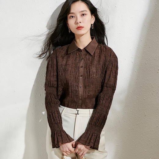 剩S/M/L/XL 芳外微弹轻薄印花2026春季新款长袖喇叭袖女式衬衫 商品图0