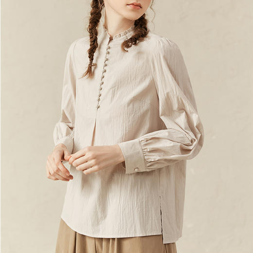 Famecoco范可儿泡泡袖纯棉衬衫女春季宽松甜美上衣F221BD009 商品图1