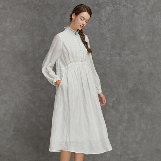 Famecoco范可儿宽松亚麻连衣裙女蕾丝拼接长裙F221FA002 商品图1
