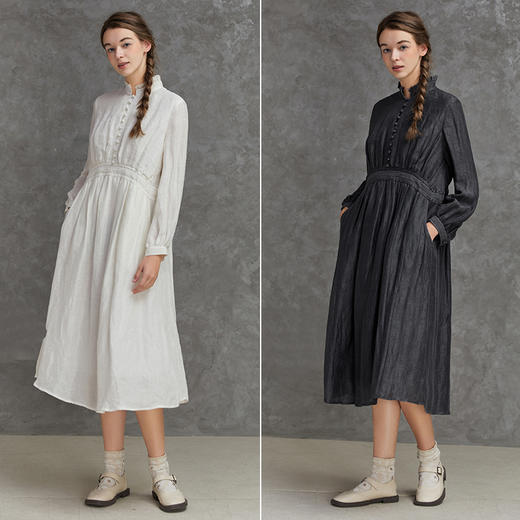 Famecoco范可儿宽松亚麻连衣裙女蕾丝拼接长裙F221FA002 商品图4