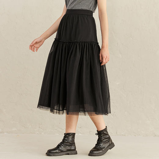 famecoco范可儿a字网纱裙少女春秋黑色半身裙F221HA005 商品图1
