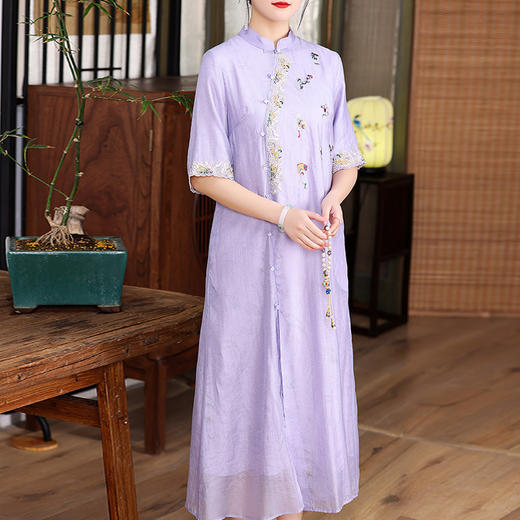 上海旗袍厂KDS-2238春夏女装宽松休闲文艺天丝刺绣禅意茶服连衣裙 商品图3